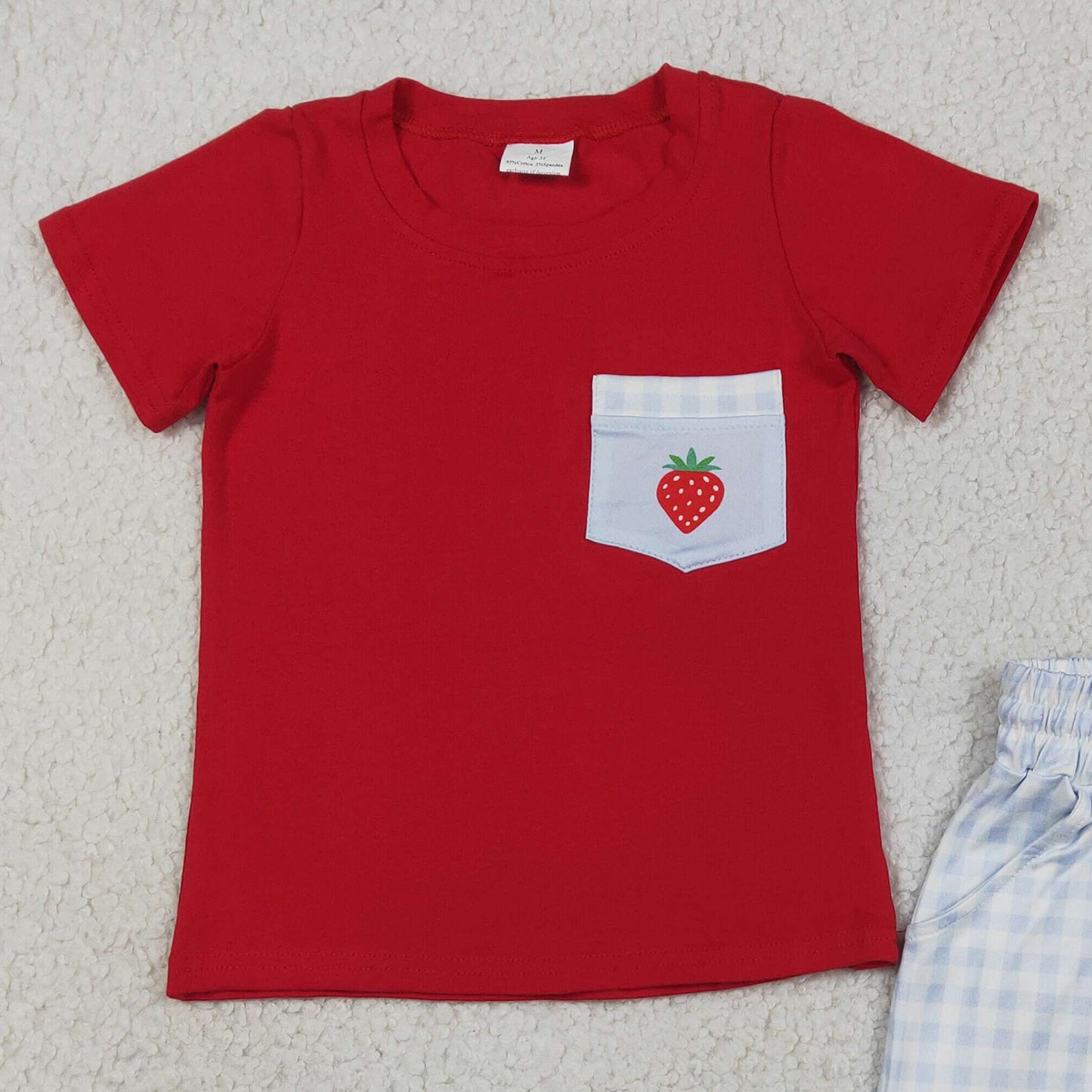RTS NO MOQ BSSO1692 Toddler Boys Checked Pocket Shorts Strawberry Pattern Top Clothes Sets