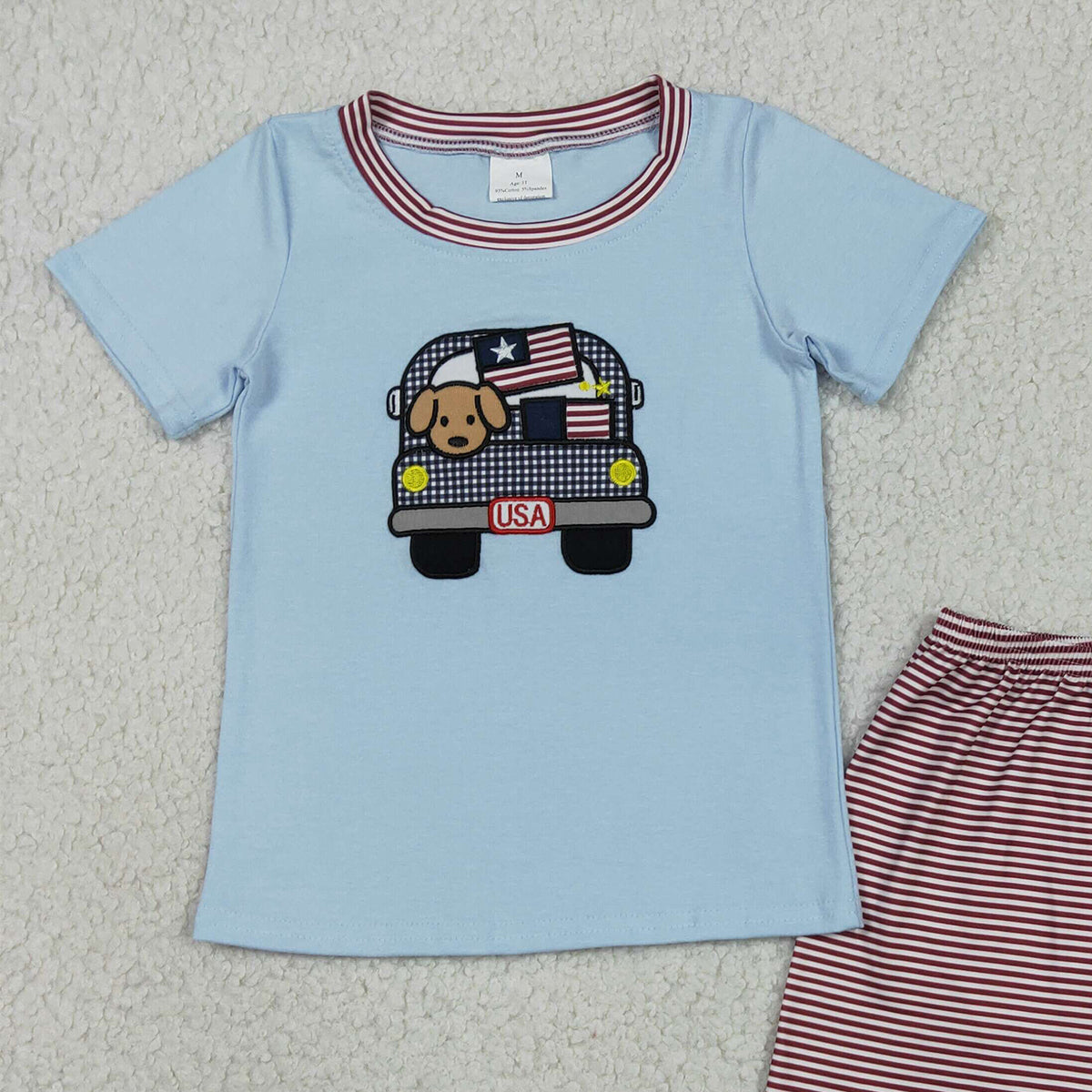 RTS NO MOQ BSSO1918 Baby Boys 4th of July Outfit Set with Embroidery Dog Flag Trucks Top And Stripe Shorts for Toddlers