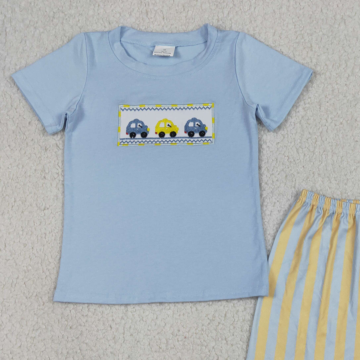 RTS NO MOQ BSSO0617 Baby Boys Blue Embroidery Cars Shirt Top with Stripe Shorts Clothing Set