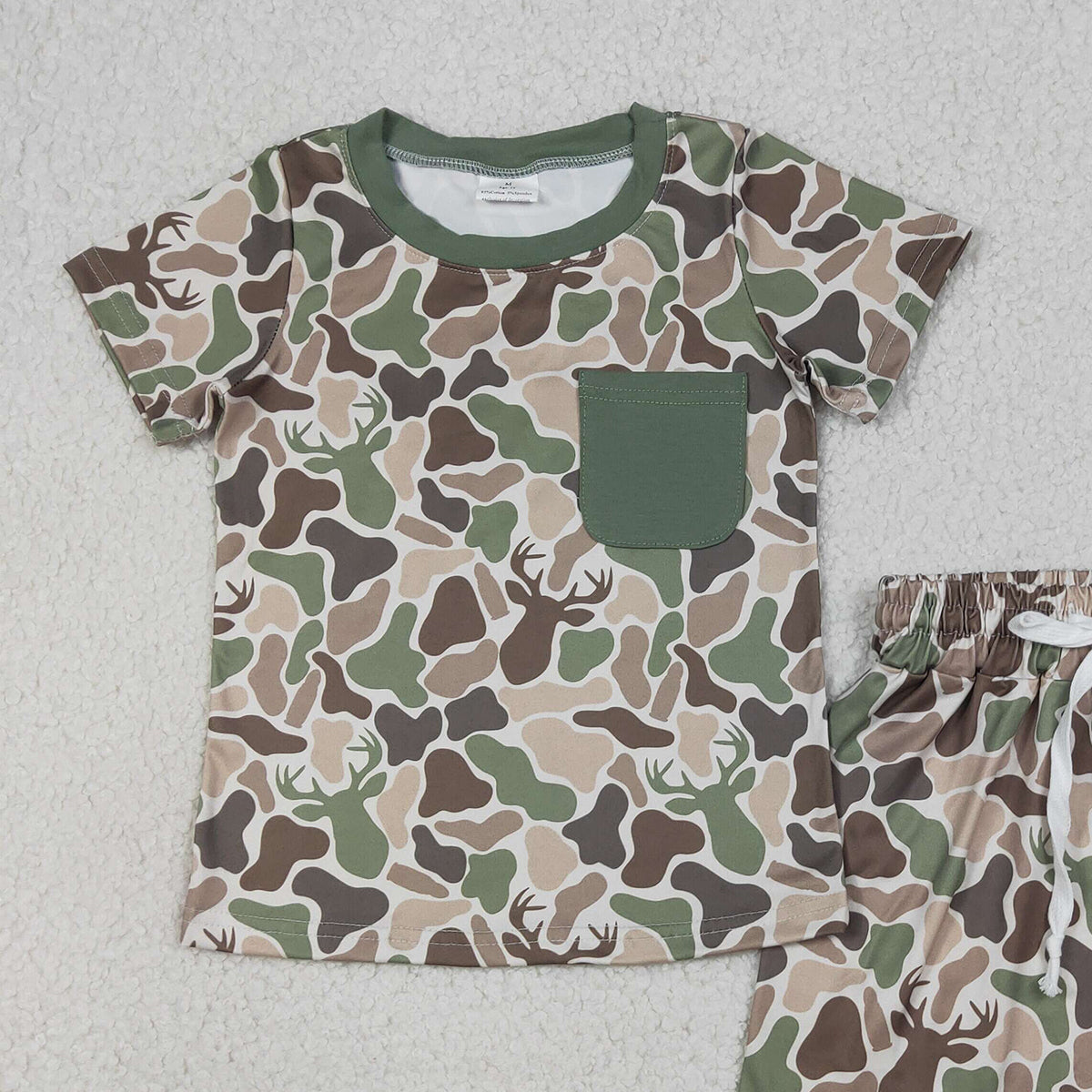RTS NO MOQ BSSO1792 Baby Boys Green Deer Camouflage Top And Shorts Set with Pocket