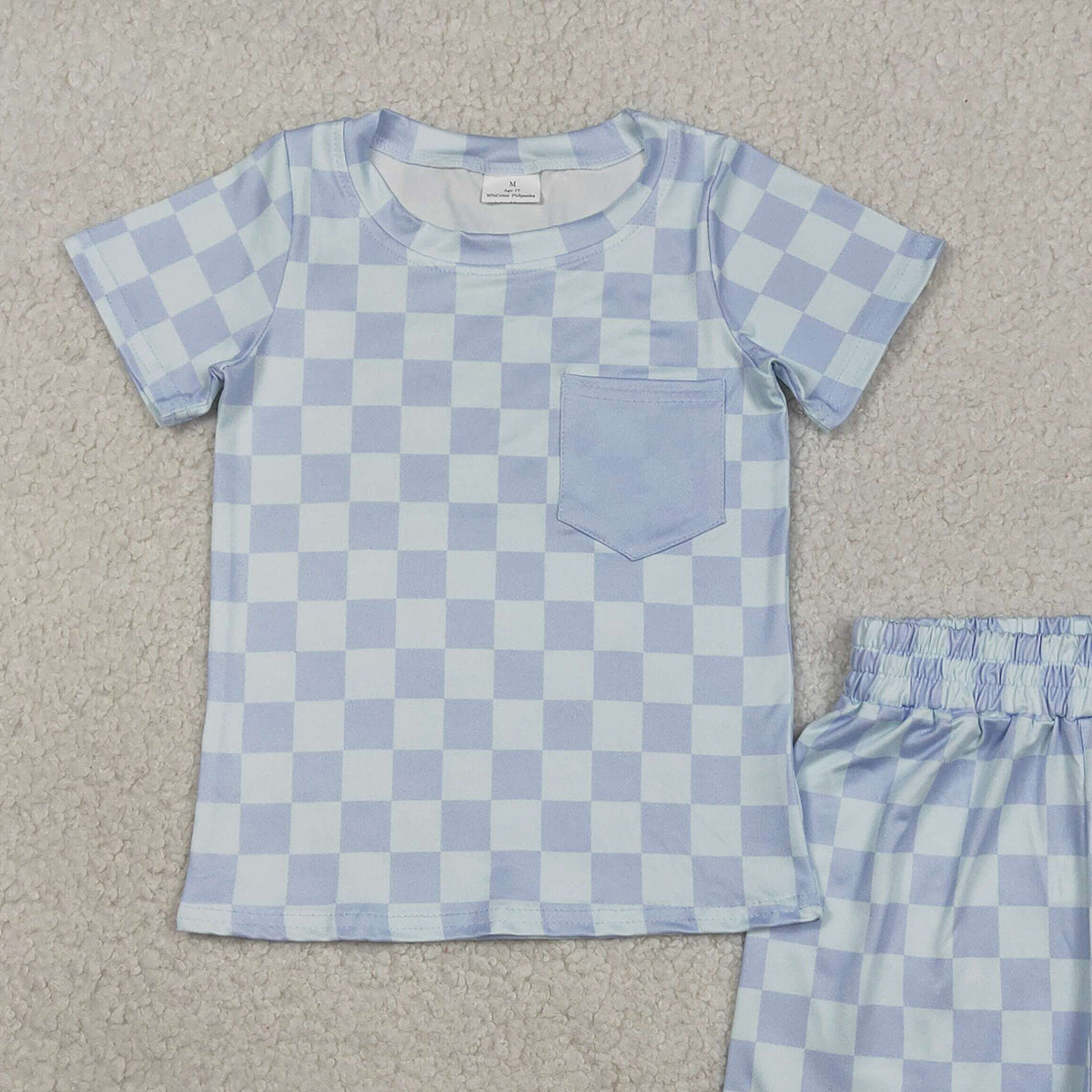 RTS NO MOQ BSSO1753 Baby Boys Blue Checked Pajamas Set with Pocket Long Sleeve Top And Shorts