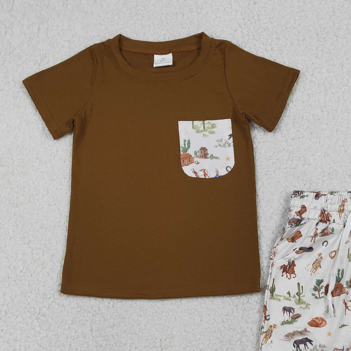 RTS NO MOQ BSSO1825 Baby Boys Western Shirt Top with Horse Rodeos Cactus Print And Pockets Short Clothes Set for Kids