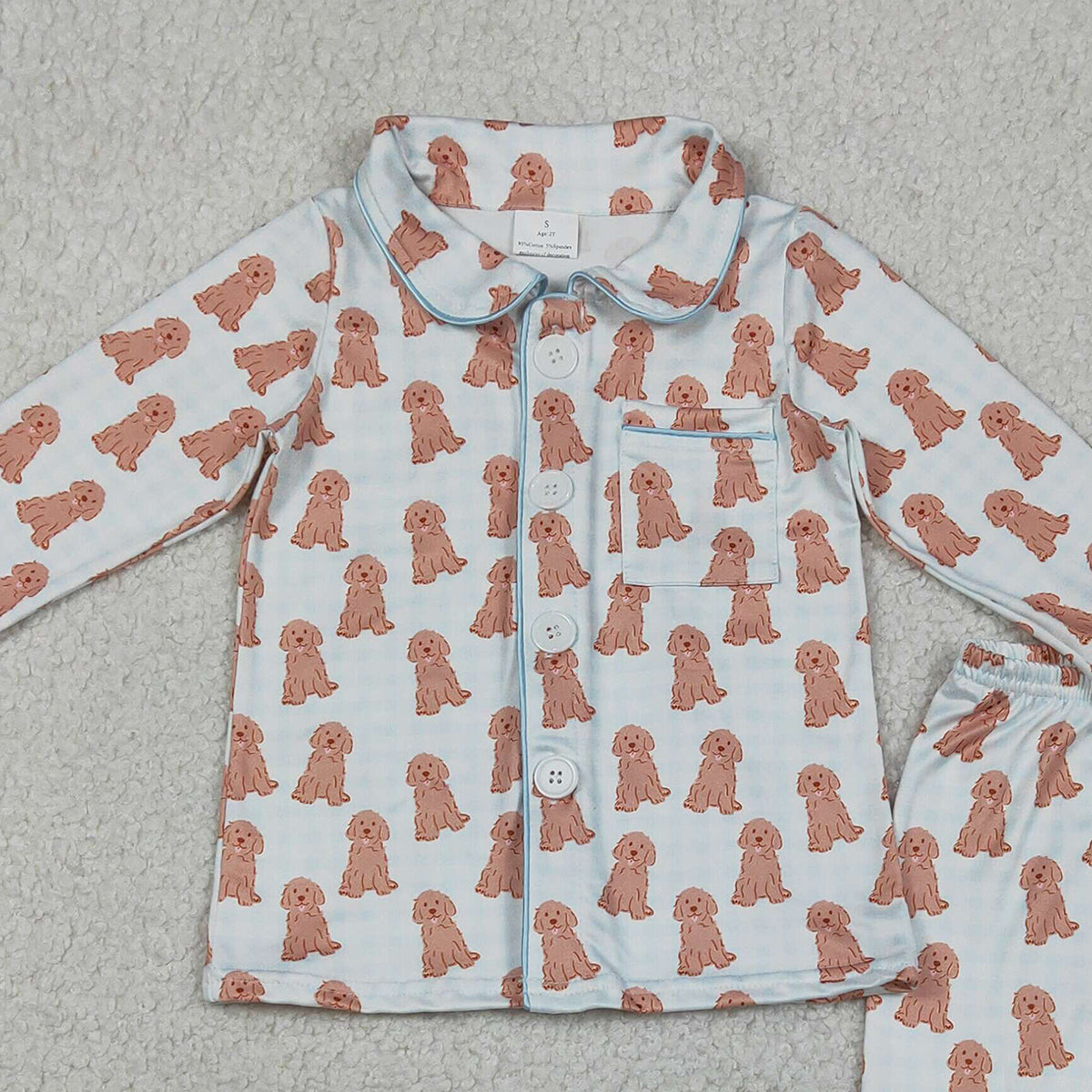RTS NO MOQ BLP1408 Baby Boys Blue Checked Dogs Pajamas Set with Button Pocket Top And Pants Comfortable Sleepwear for Infants