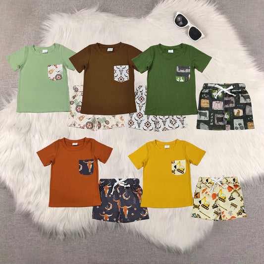 RTS NO MOQ Sibling baby boys boy clothes Short Sleeve Green Shorts Sets