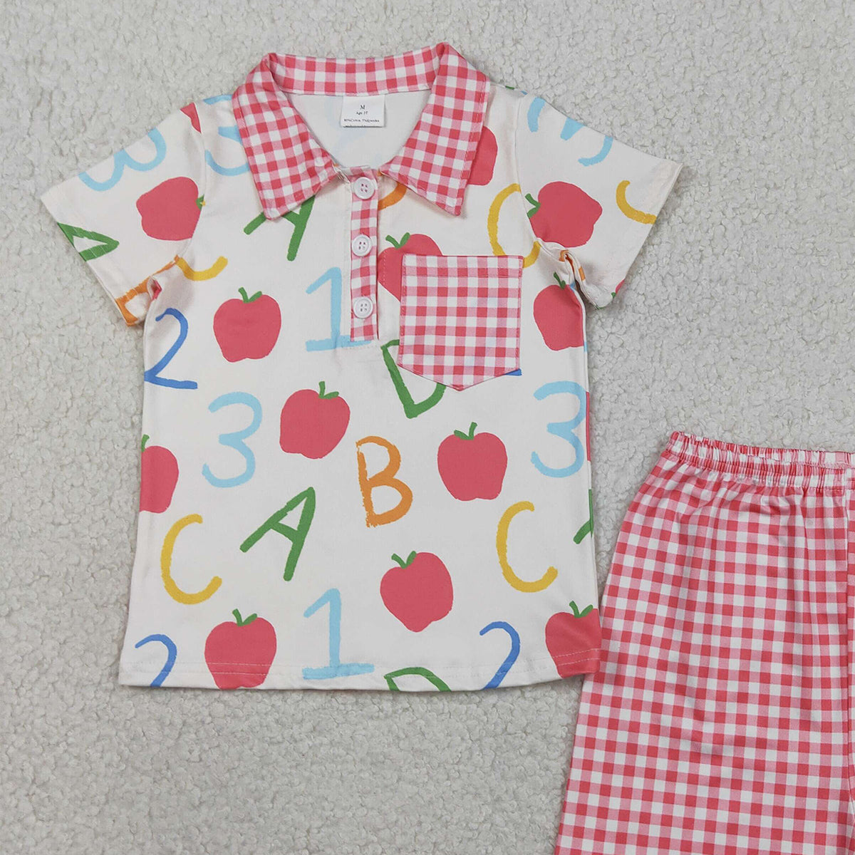 RTS NO MOQ Baby Boys Apples ABC Pocket Button Top Checked Shorts Back to School Sets