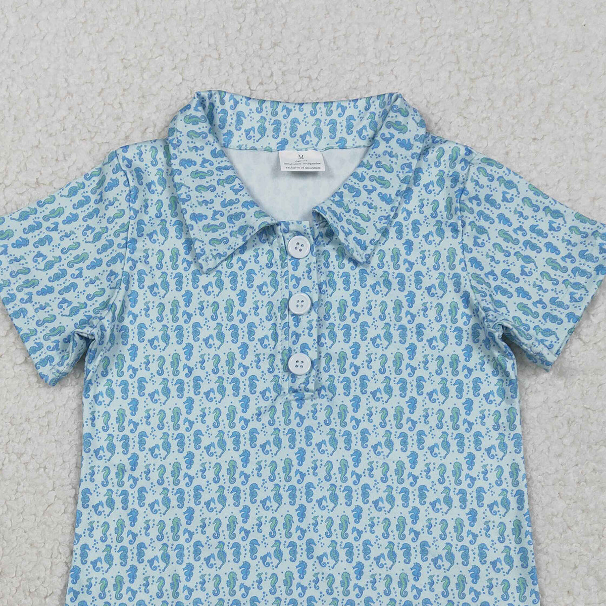 RTS NO MOQ BT1113 Baby Boys Blue Short Sleeve Polo Shirts Seahorses Button Tops Kids Fashion Clothing