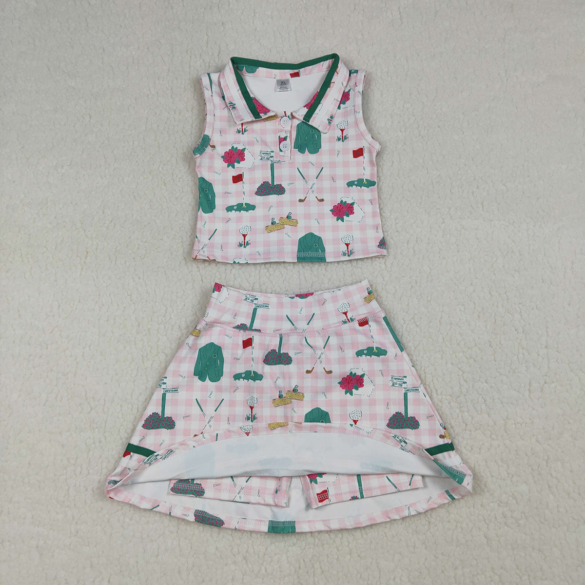 RTS NO MOQ GSD3520 Baby Girls Pink Checked Golf Active Outfit with Button Top And Skirt Short Set
