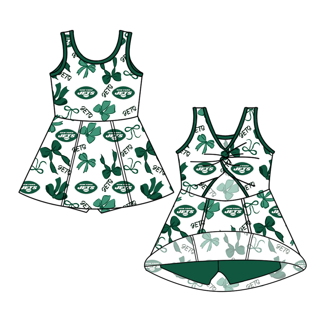 Custom moq 5 mix size milk silk summer teams Baby Girls Green Bow Vest Top Skirt Shorts Sets Sleeveless Knee Length Dresses Yoga Shorts Active Outfit
