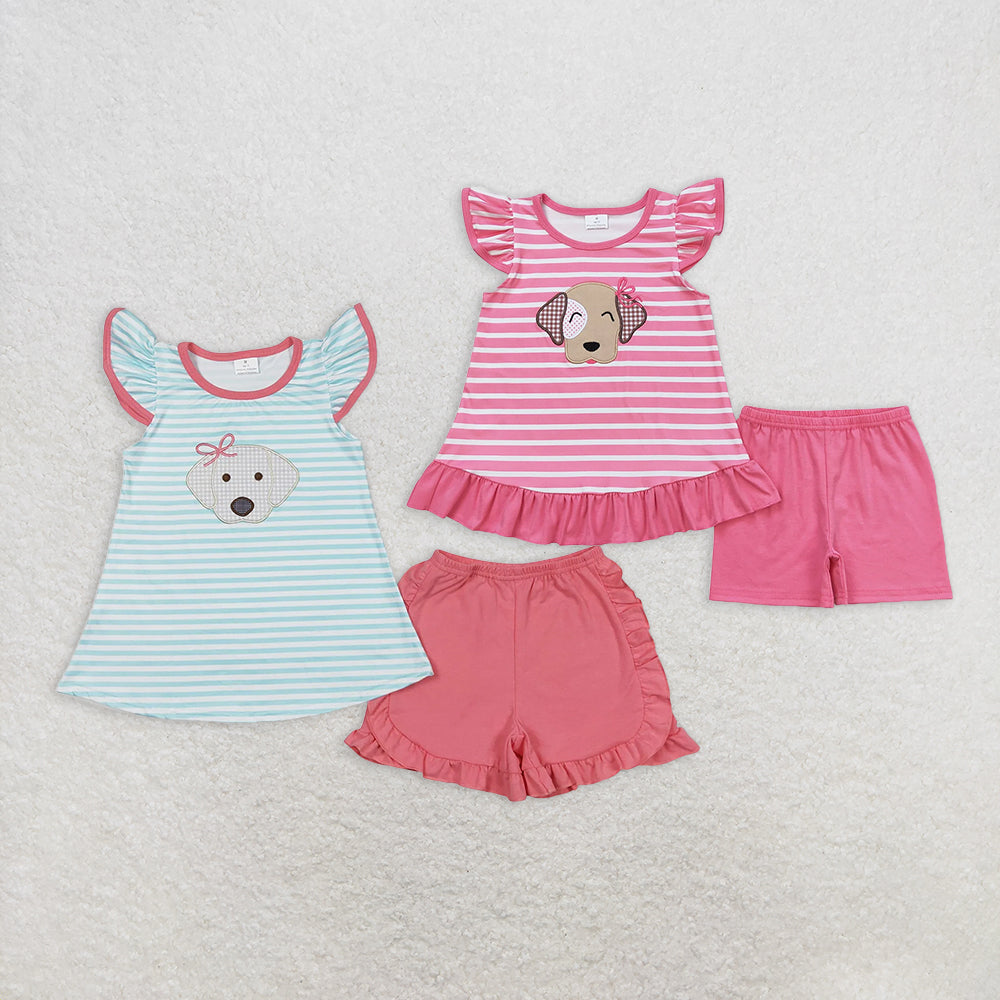 RTS Embroidered Puppy Blue Striped Fly Sleeve Pink Shorts Set
