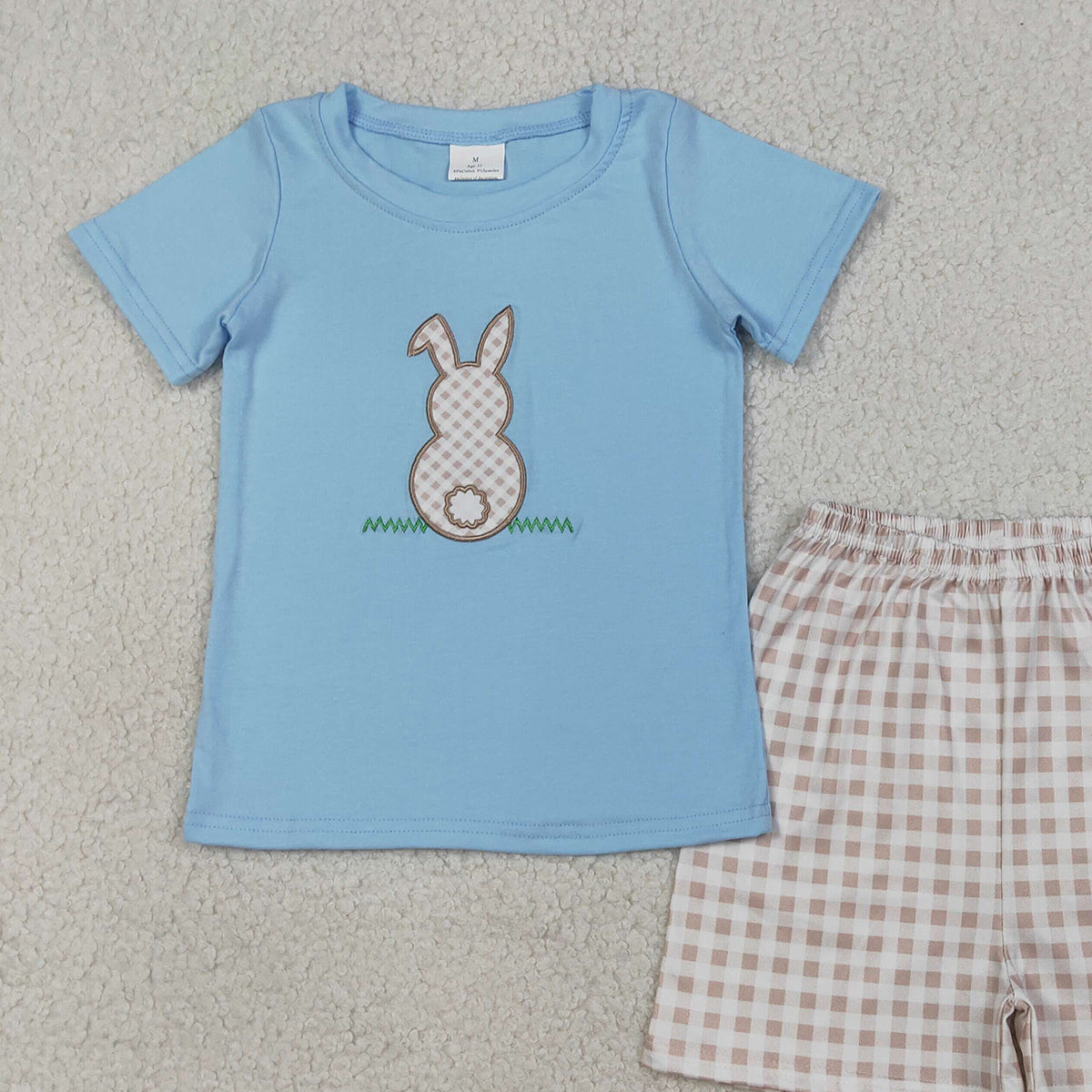 RTS NO MOQ BSSO0305 Embroidered Rabbit Baby Boys Shirt And Checked Shorts Set Easter Outfit