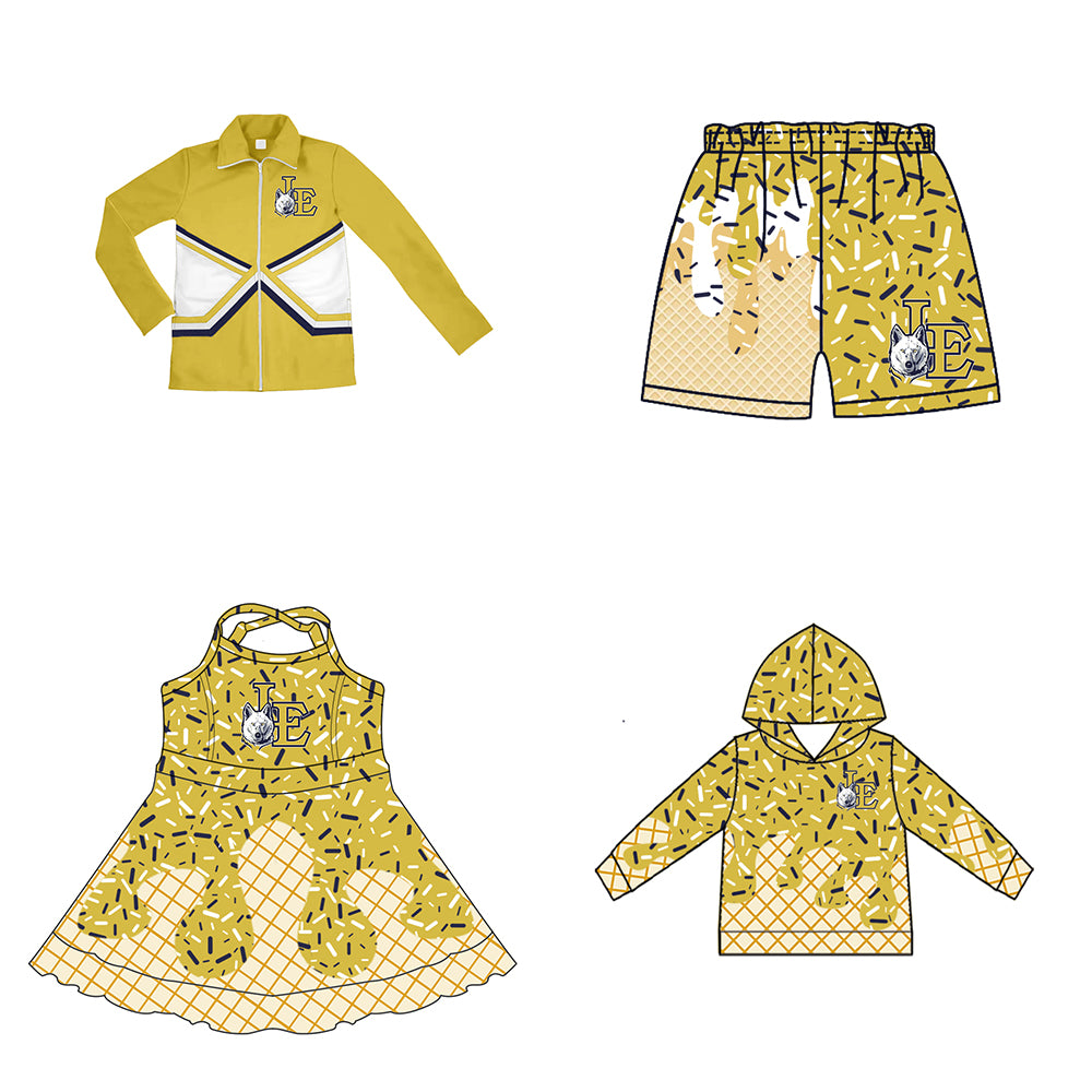 Custom moq 5 mix size milk silk baby girls clothes team bow khaki hooded long sleeve tops and shorts and jacket and dress-25.7.26