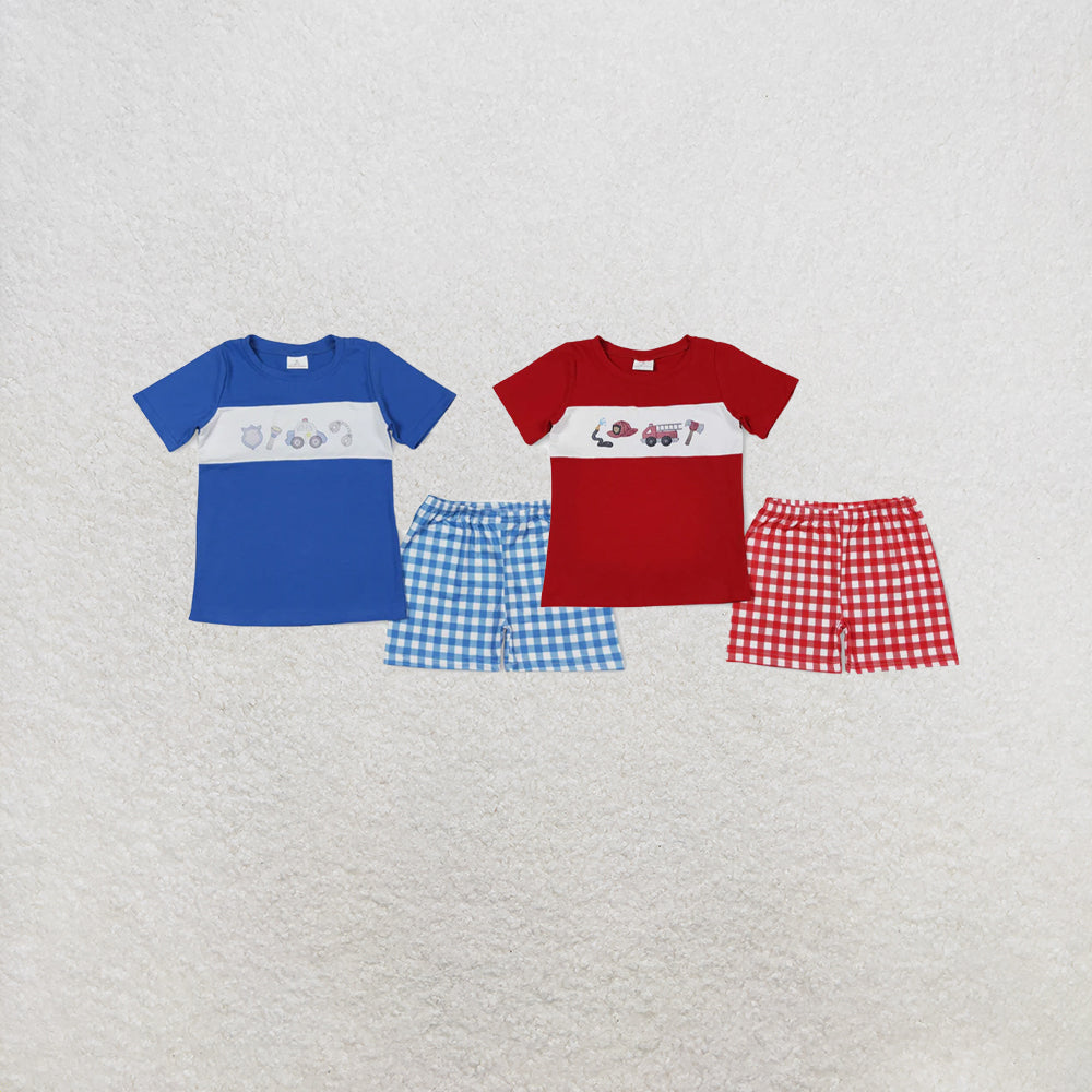 RTS NO MOQ Sibling Baby Boys Police Blue Shirt Shorts Outfits Clothes Sets
