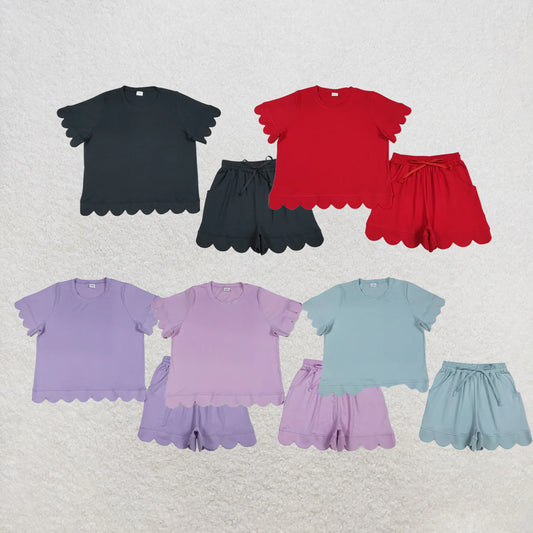 RTS NO MOQ Sibling Adult Women Shorts Sleeve Shirts Top Scallop Short Clothes Sets