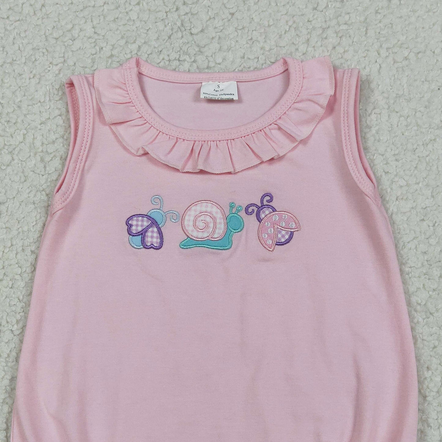 RTS NO MOQ SR4037 Baby Girls Sleeveless Ladybirds Snails Embroidery  Ruffle Rompers