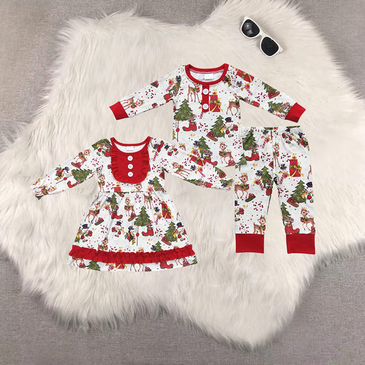 RTS NO MOQ Sibling Baby girl clothes Christmas long-sleeved trousers suit and dress