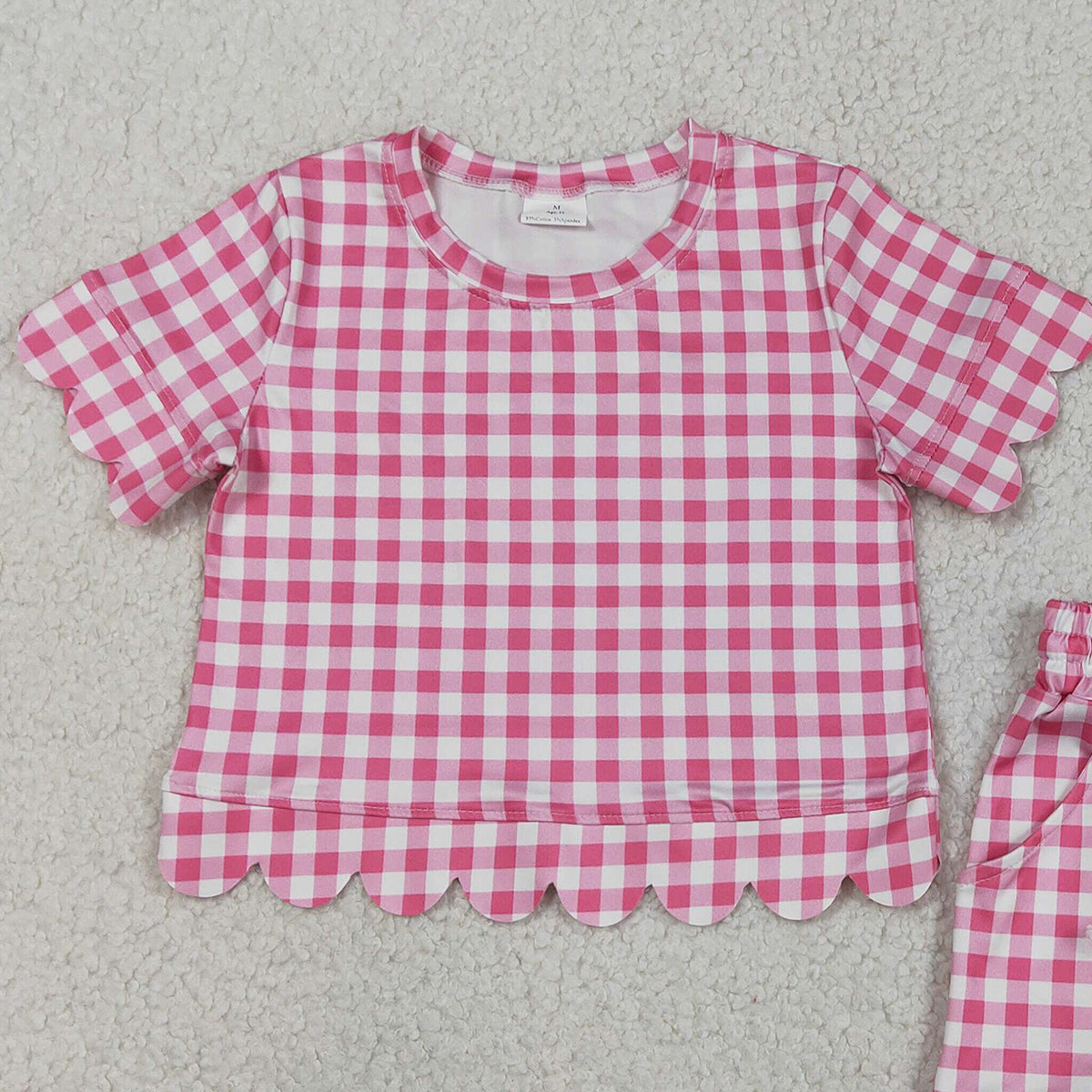 RTS NO MOQ GSSO3186 Baby Girls Pink Checked Top with Scallop Pockets Short Sleeve Outfit Set