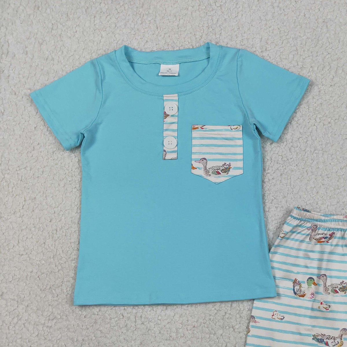 RTS NO MOQ BSSO1802 Baby Boys Blue Hunting Clothes Set with Button Pockets Top And Ducks Stripe Shorts
