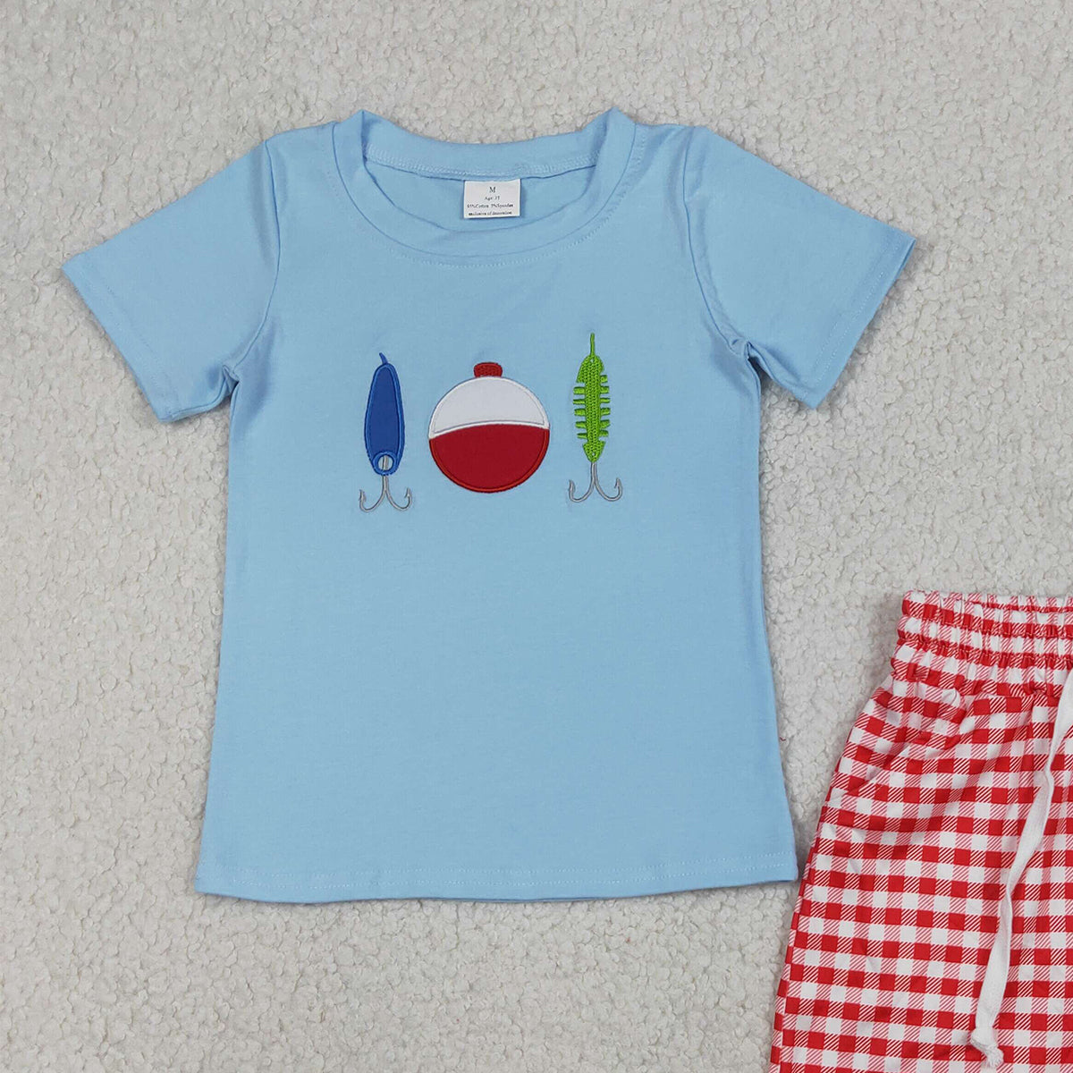 RTS NO MOQ BSSO1699 Embroidery Fishing Baby Boys Outfit with Checked Pockets Shorts Hunting Clothing Set