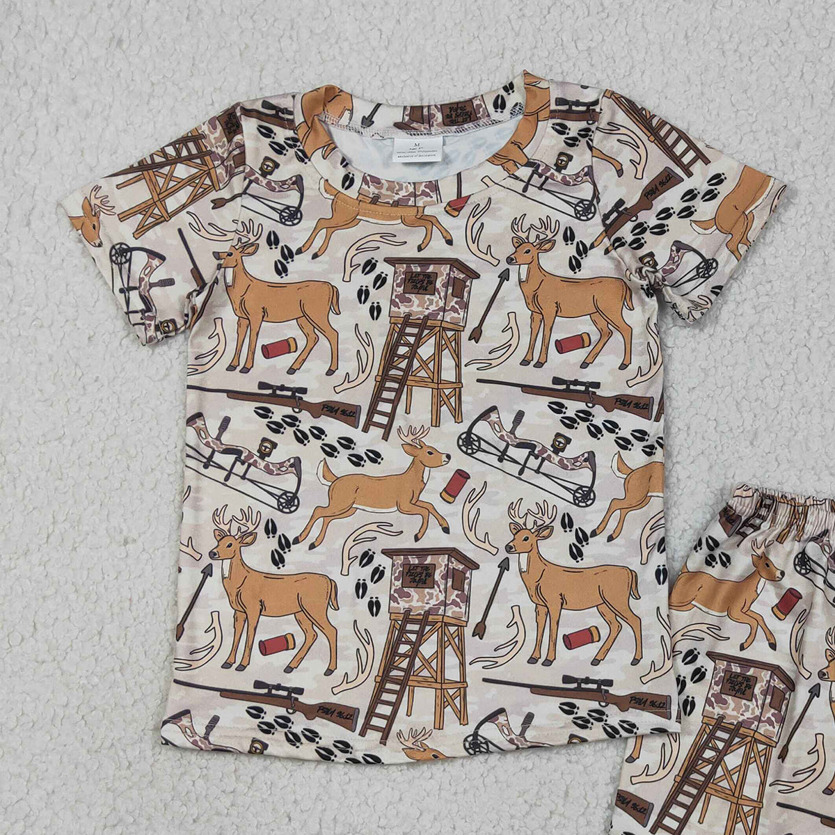 RTS NO MOQ BSSO1559 Baby Boys Khaki Deer Print Pajamas Set Short Sleeve Top And Shorts Hunting Sleepwear for Infants