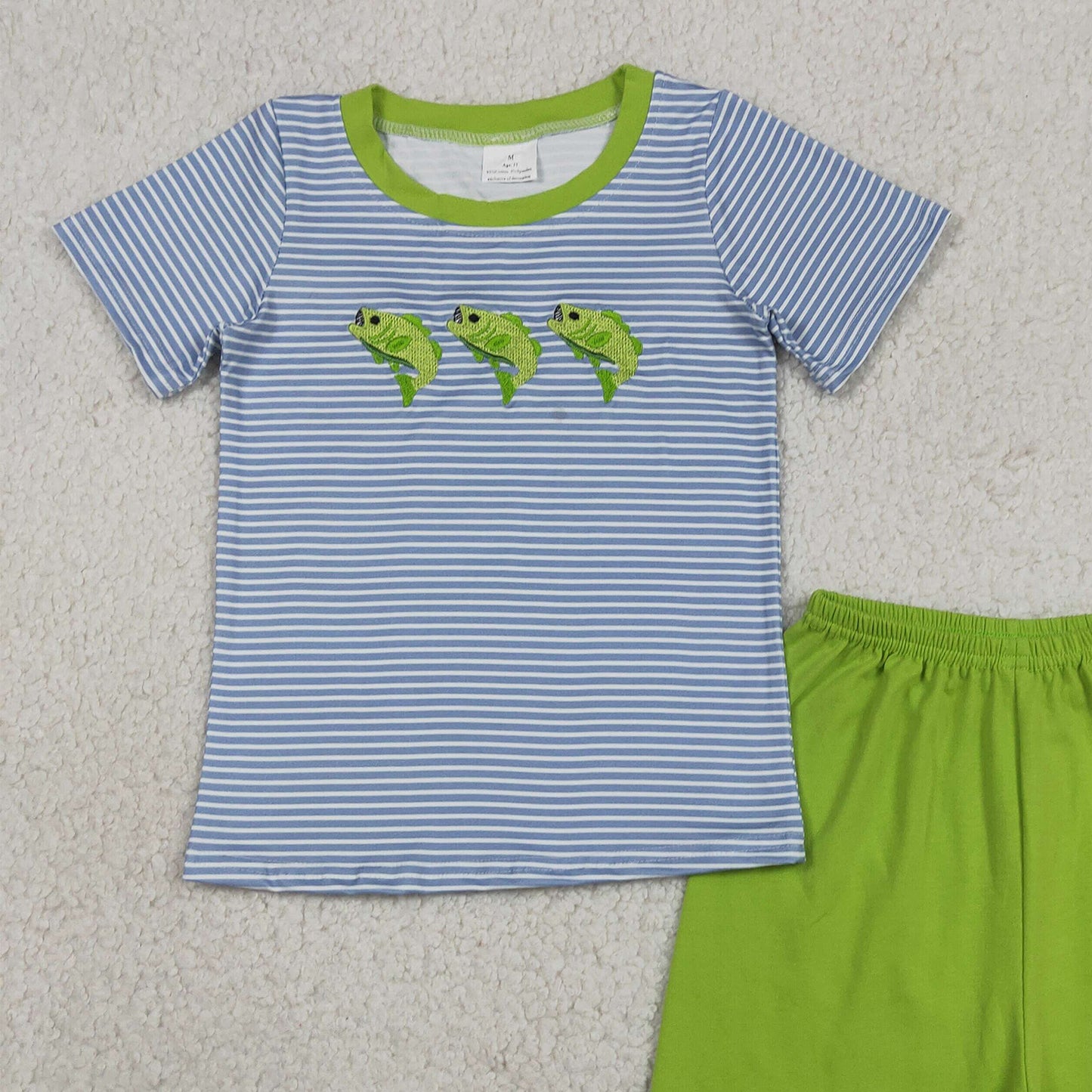 RTS NO MOQ milk silk BSSO2001 Embroidery Fishes Baby Boys Short Sleeve Stripe Top Short Hunting Clothes Sets