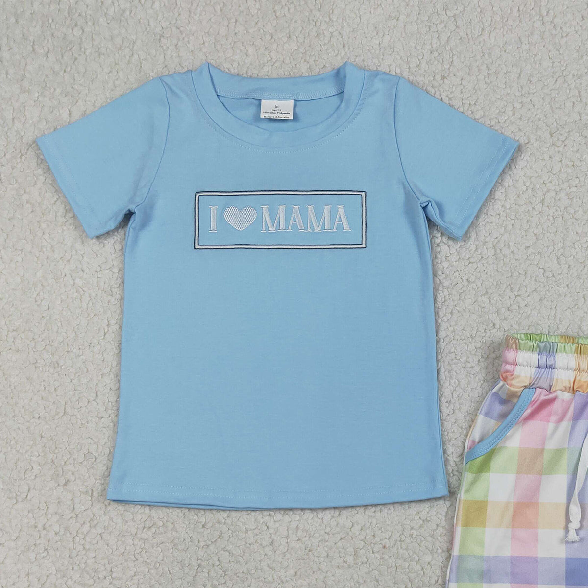 RTS NO MOQ BSSO1605 Embroidery I Love Mama Baby Boys Outfit Short Sleeve Checked Top with Pockets Matching Shorts Clothing