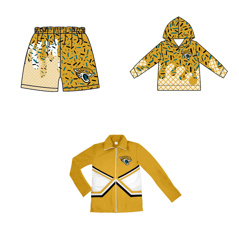 Custom moq 5 mix size milk silk baby girls clothes team bow gold hooded long sleeve tops and shorts and jacket-25.7.21