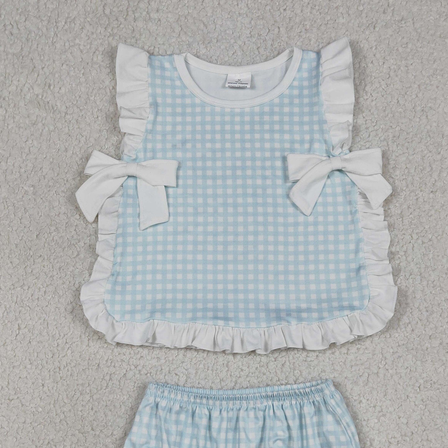 RTS NO MOQ milk silk GBO0529 Baby Girls Cute Light Blue Checked Bow Tunic Bummies Set