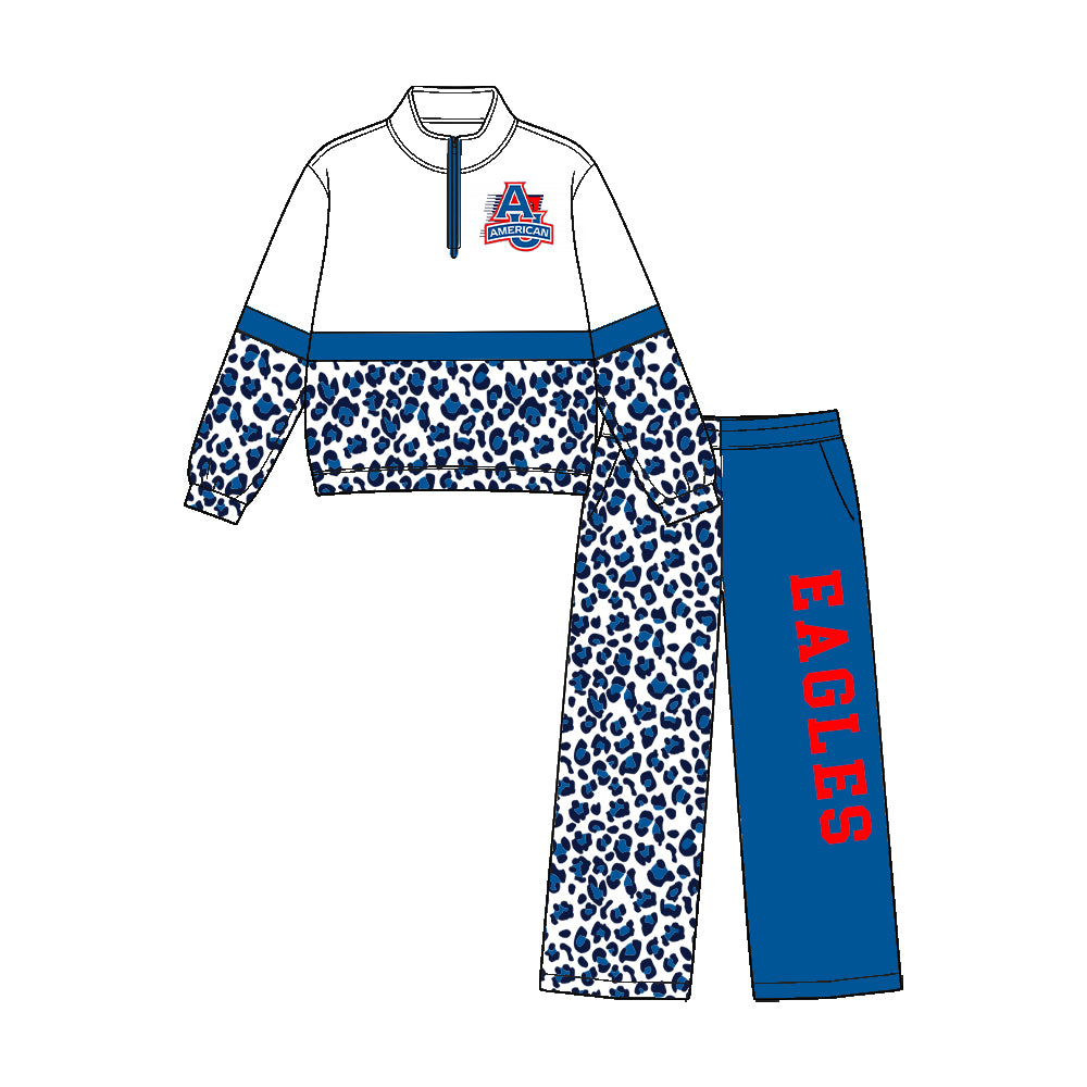 custom moq 5 mix size  XY073001 Baby Kids Leopard Patchwork Zipper Long Sleeve Pullover Top Pants Team Clothes Set