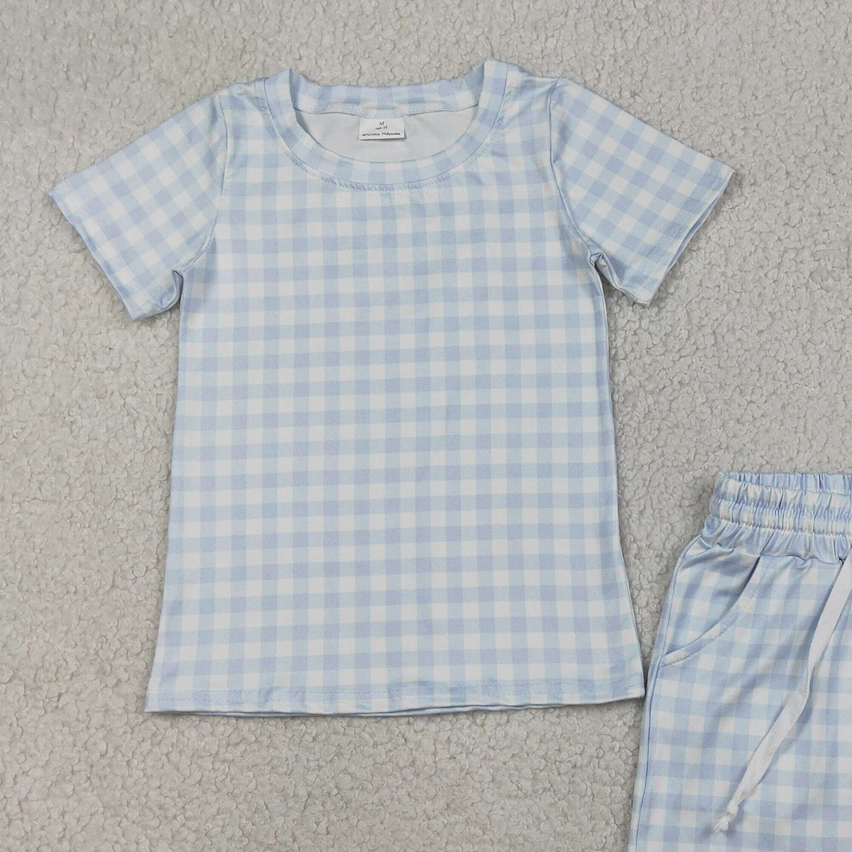 RTS NO MOQ BSSO1896 Baby Boys Light Blue Checked Top with Pockets Shorts Outfit Set Cute Casual Clothing for Infants