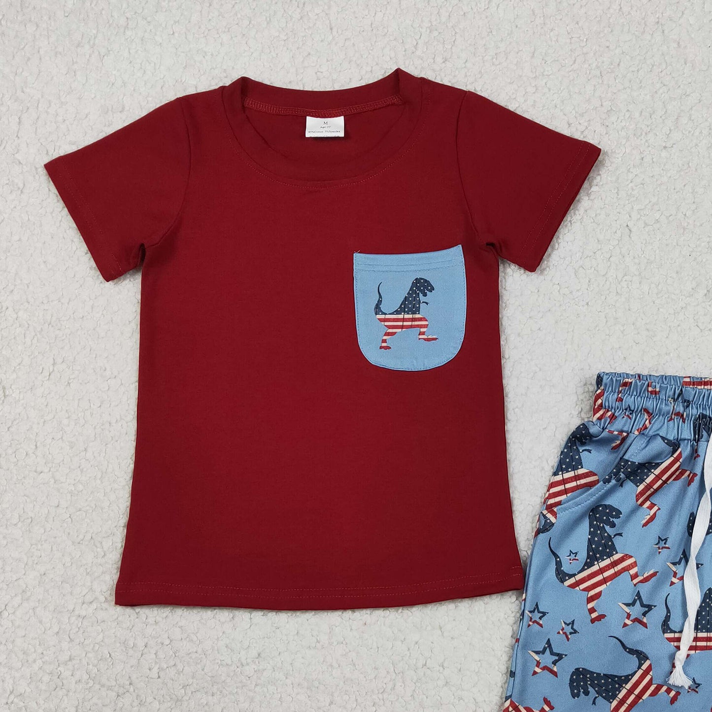 RTS NO MOQ BSSO0519 milk silk Baby Boys Dinosaurs Flags Pocket Shirts Shorts 4th of July Sets