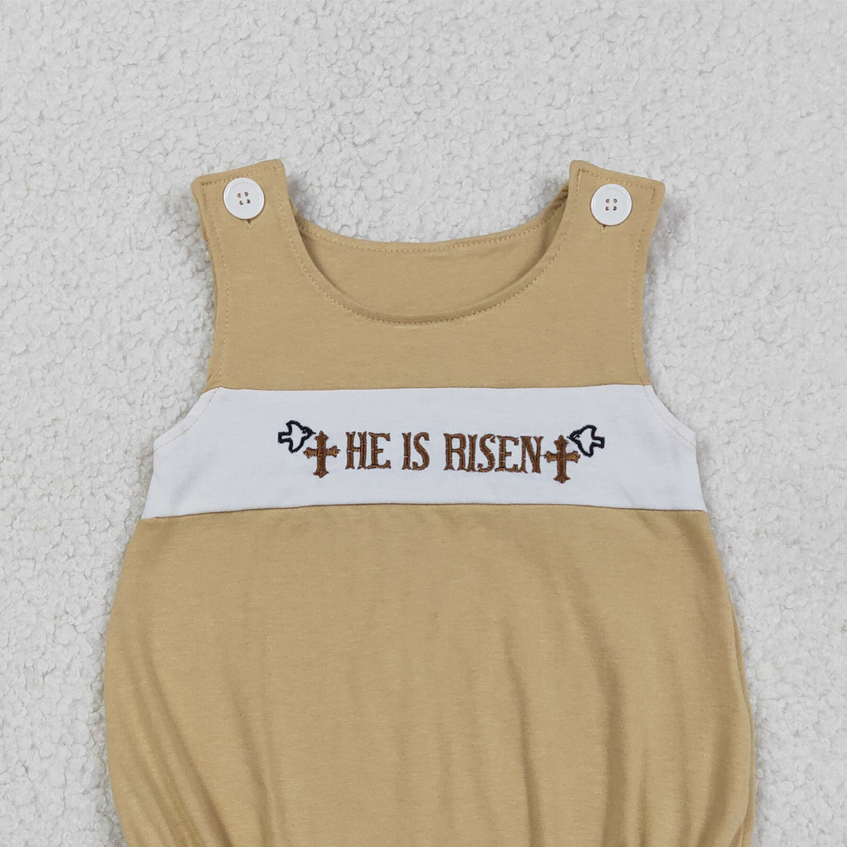 RTS NO MOQ SR3547 Embroidery 'He Is Risen' Crosses Baby Boys Sleeveless Rompers