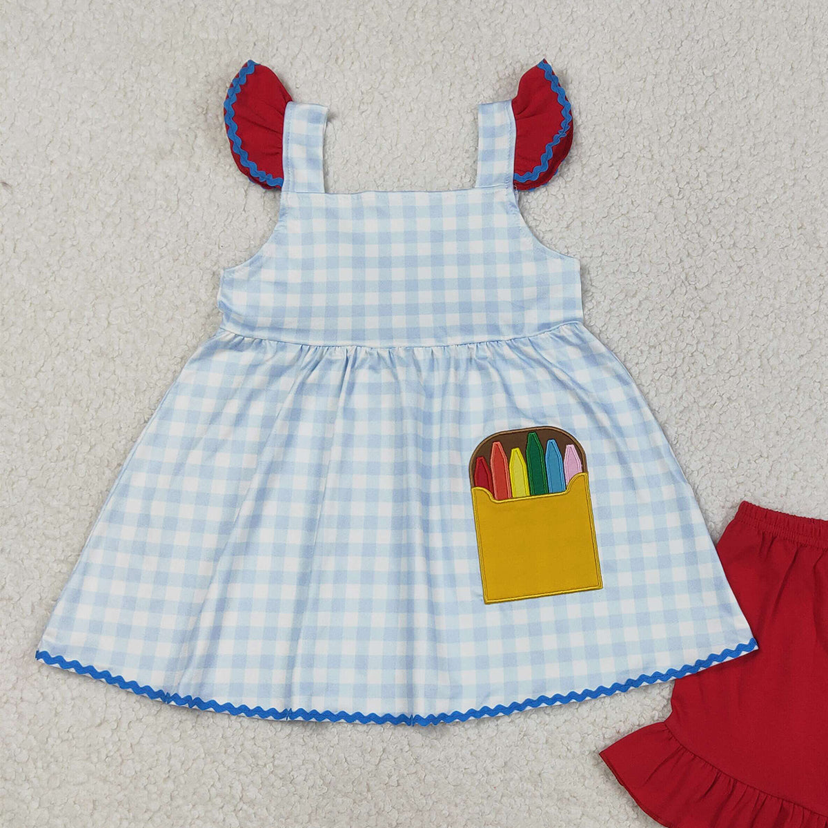 RTS NO MOQ GSSO3101 Embroidery Pencils Baby Girls Plaid Tunic with Ruffle Shorts Back-to-School Outfit