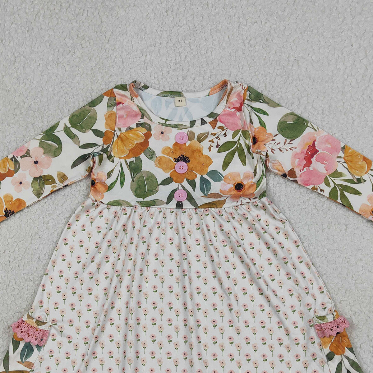 RTS NO MOQ GLD1588 Baby Girls Long Sleeve Ruffle Knee Length Dress with Button Pockets Floral Print Dress for Girls（6-12M-7-8T）