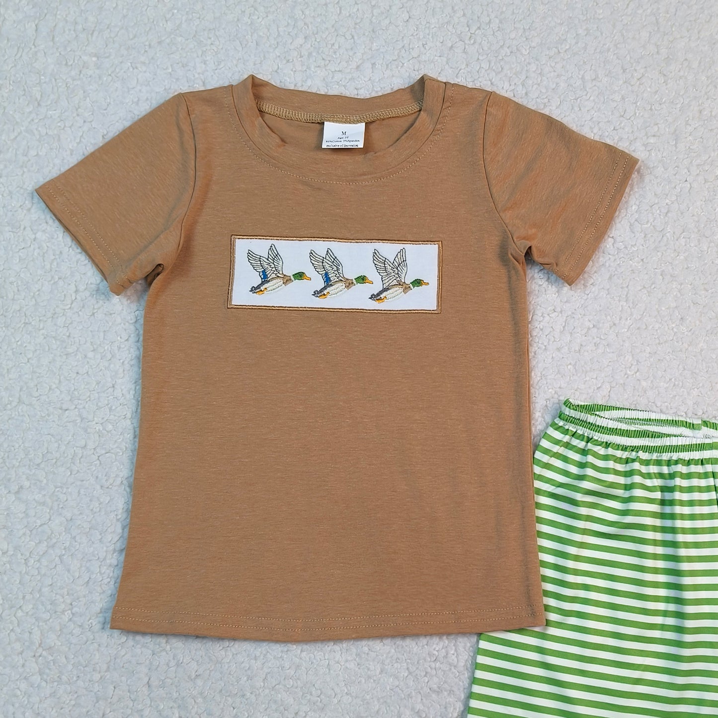 RTS NO MOQ BSSO1947 Baby Boys Hunting Clothes With Duck Embroidery Top And Striped Shorts