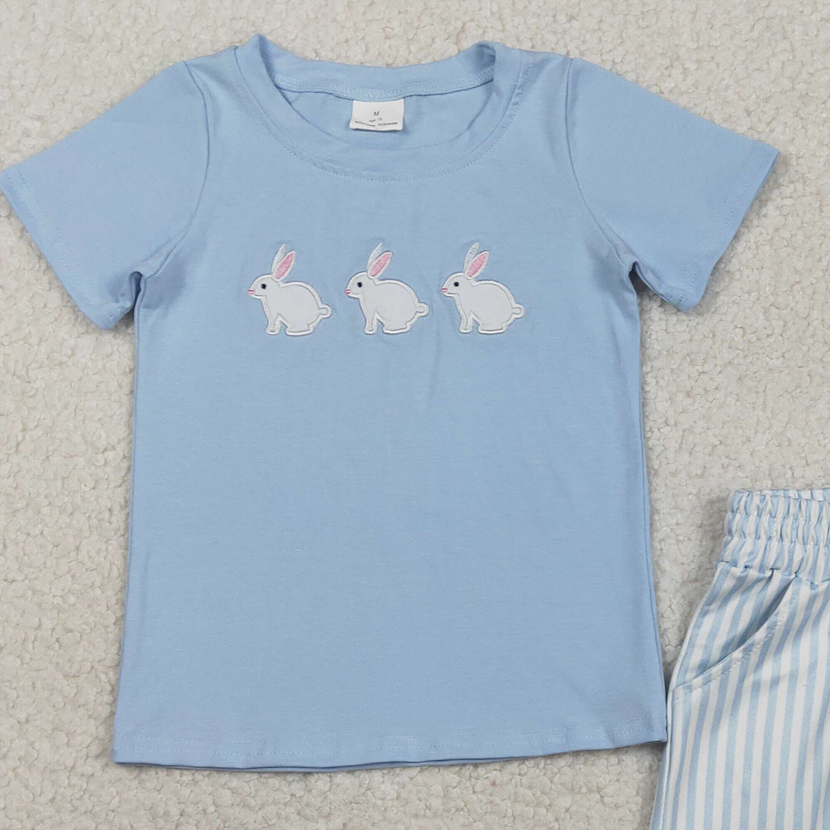 RTS NO MOQ BSSO1560 Baby Boys Easter Outfit Set with Embroidered Rabbits Top And Shorts Stripe Design with Pockets