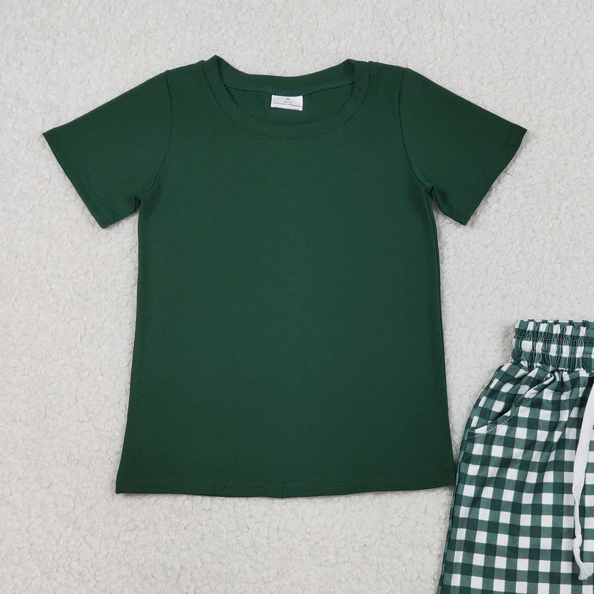 RTS NO MOQ BSSO1885 Baby Boys Dark Green Plaid Shirt And Shorts Outfit Set with Pockets Baby Clothing Set