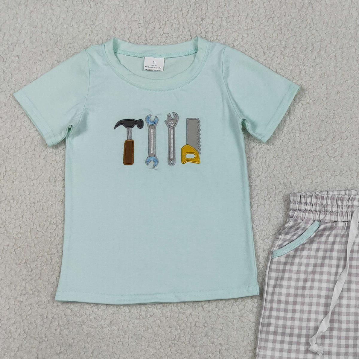 RTS NO MOQ BSSO1666 Baby Boys Embroidery Tools Top with Checked Pockets Shorts Clothing Set
