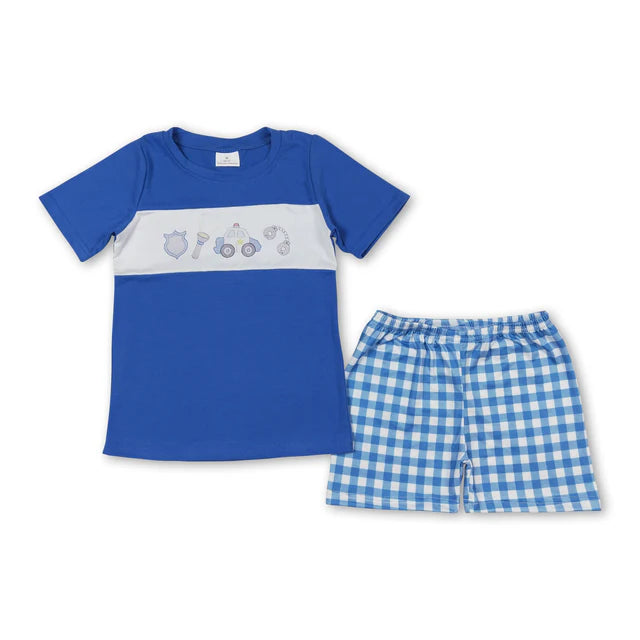 RTS NO MOQ Sibling Baby Boys Police Blue Shirt Shorts Outfits Clothes Sets