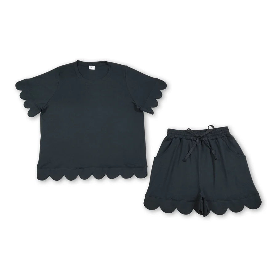 RTS NO MOQ Sibling Adult Women Shorts Sleeve Shirts Top Scallop Short Clothes Sets