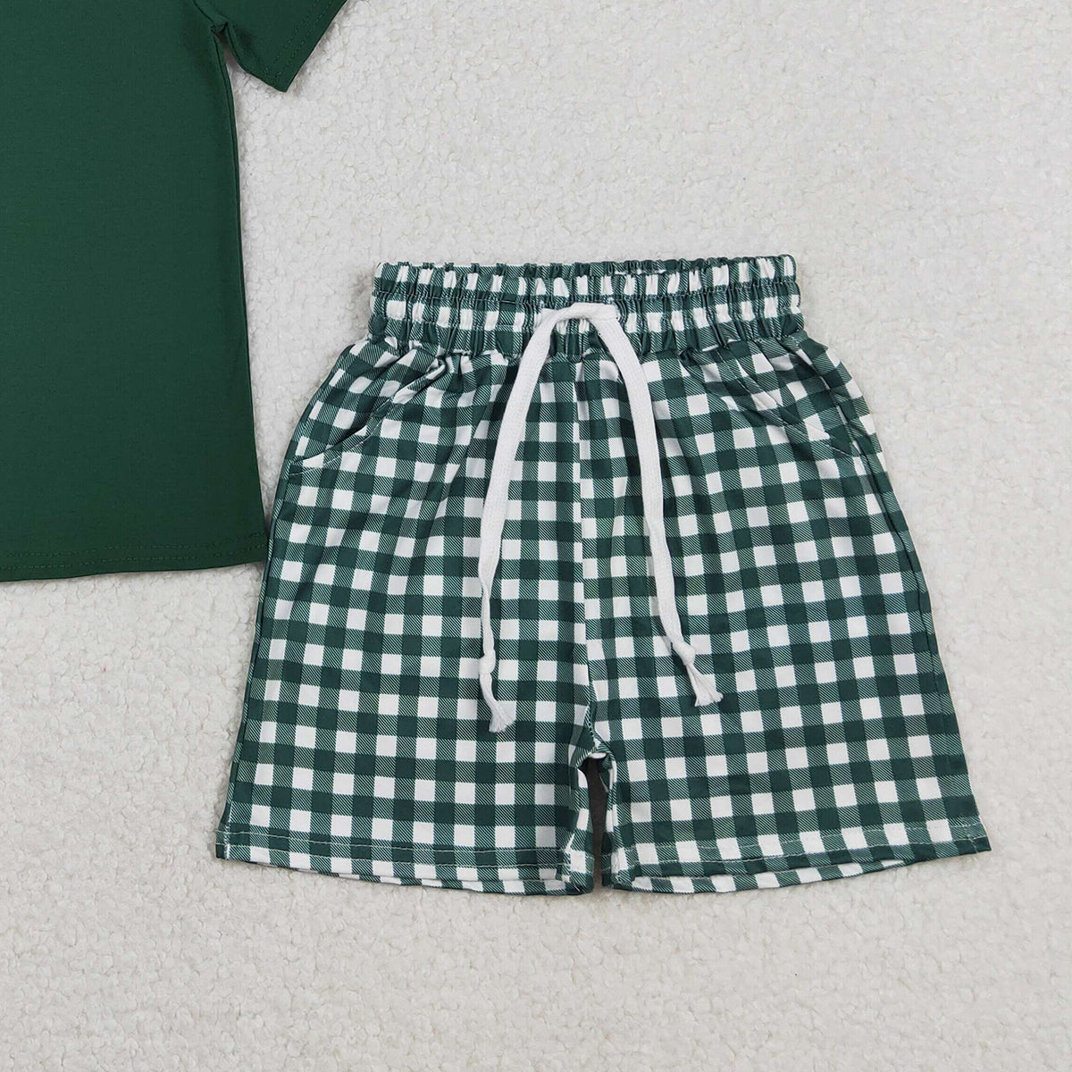 RTS NO MOQ BSSO1885 Baby Boys Dark Green Plaid Shirt And Shorts Outfit Set with Pockets Baby Clothing Set