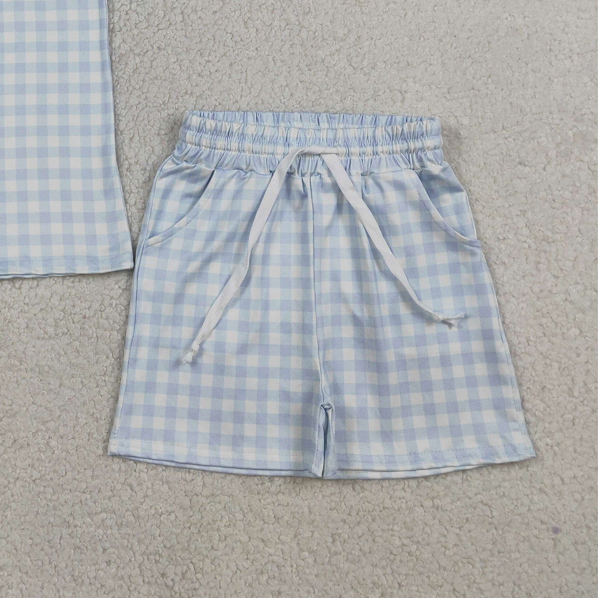 RTS NO MOQ BSSO1896 Baby Boys Light Blue Checked Top with Pockets Shorts Outfit Set Cute Casual Clothing for Infants