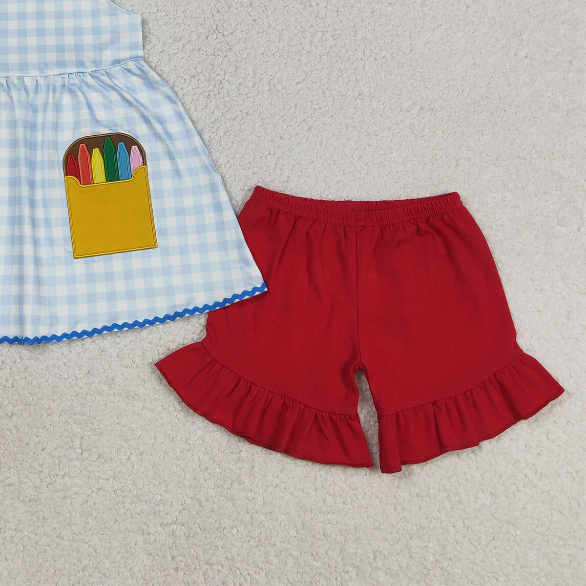 RTS NO MOQ GSSO3101 Embroidery Pencils Baby Girls Plaid Tunic with Ruffle Shorts Back-to-School Outfit