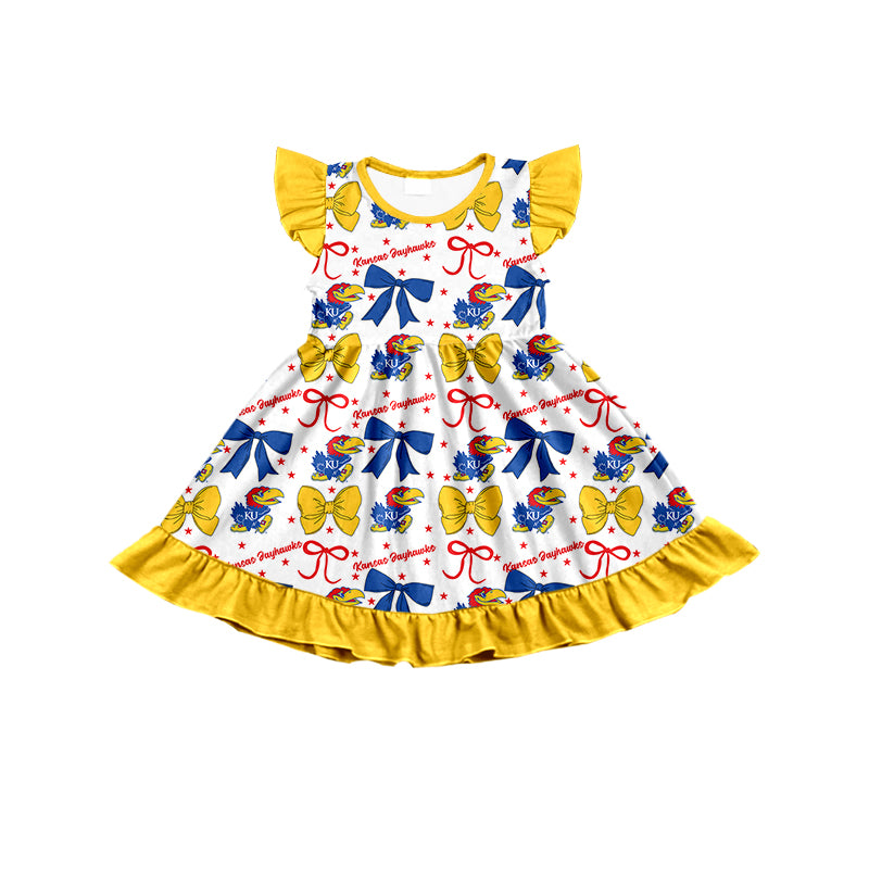 Custom moq 5 mix size milk silk summer teams baby girls clothes team bow yellow sleeveless skirts sets and dress 1 and dress 2 and top-25.6.23