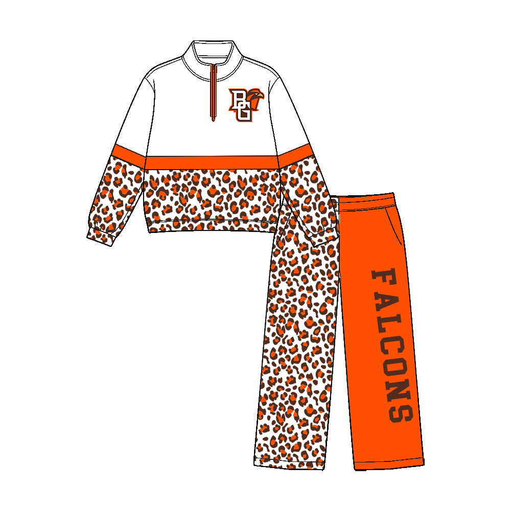 custom moq 5 mix size  XY073001 Baby Kids Leopard Patchwork Zipper Long Sleeve Pullover Top Pants Team Clothes Set