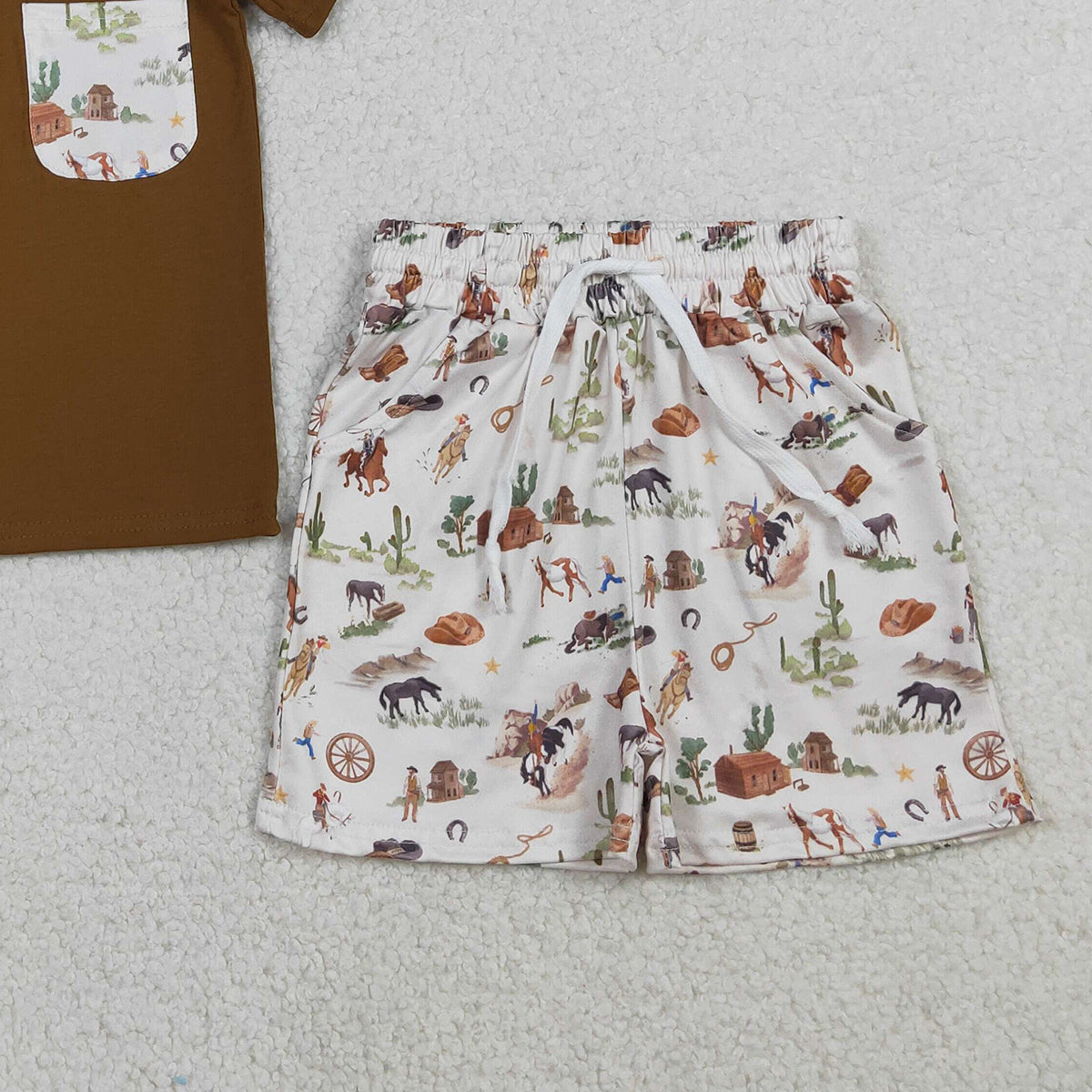 RTS NO MOQ BSSO1825 Baby Boys Western Shirt Top with Horse Rodeos Cactus Print And Pockets Short Clothes Set for Kids