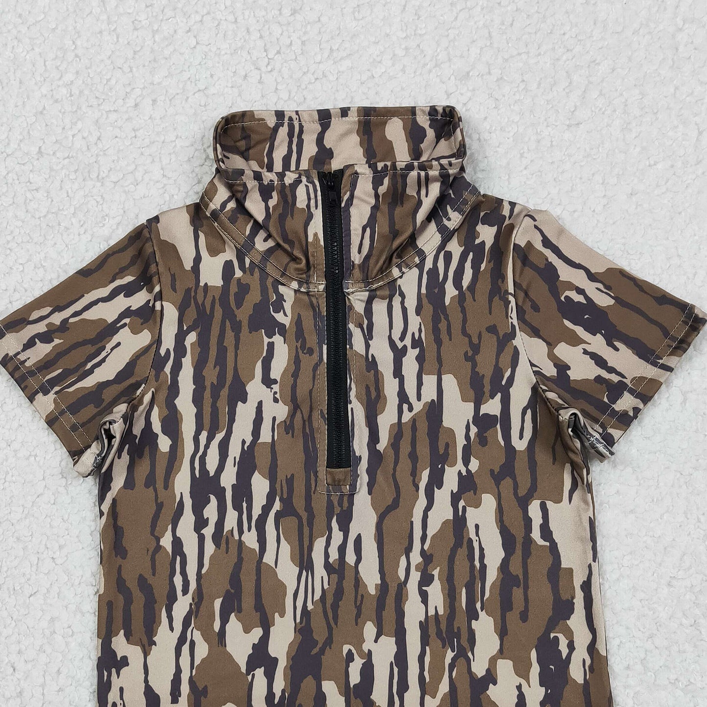 RTS NO MOQ milk silk BT1726 Baby Boys Fashion  Camo Short Sleeve Zipper Top
