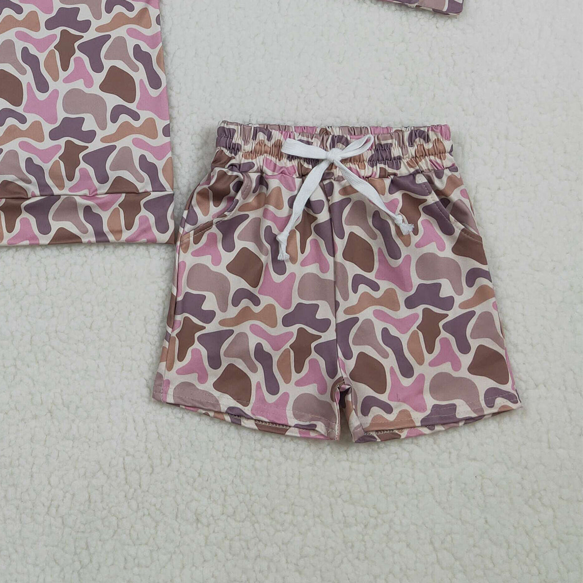 RTS NO MOQ GLS0091 Baby Girls Southern Camo Long Sleeve Top with Pockets And Shorts Outfit Set for Little Ones