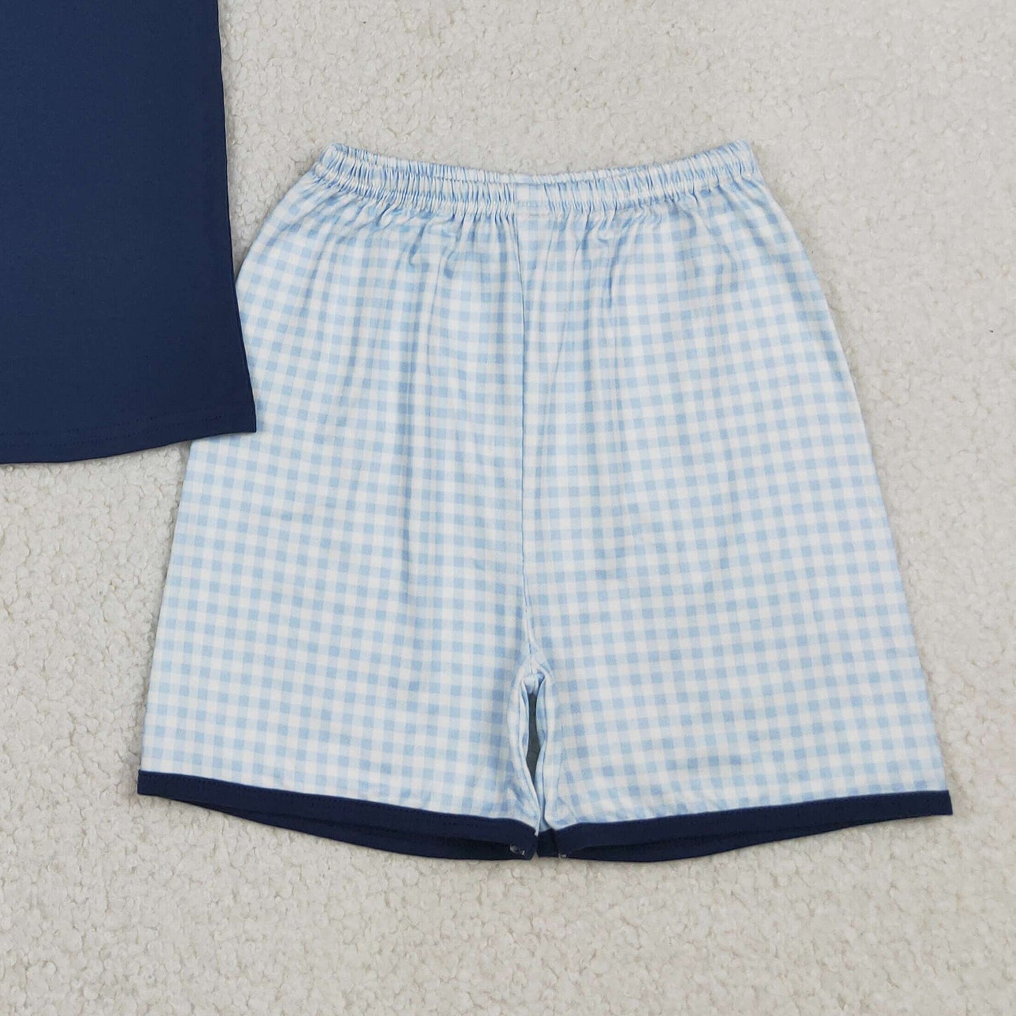 RTS NO MOQ milk silk BSSO1938 Embroidery Baby Boys Cute Duck Embroidery Navy Top Plaid Hunting Shorts Set
