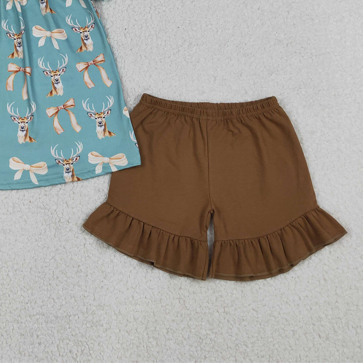 RTS NO MOQ GSSO3212 Baby Girls Hunting Outfit with Bow Deer Duck Tunic And Ruffle Shorts Set for Little Ones