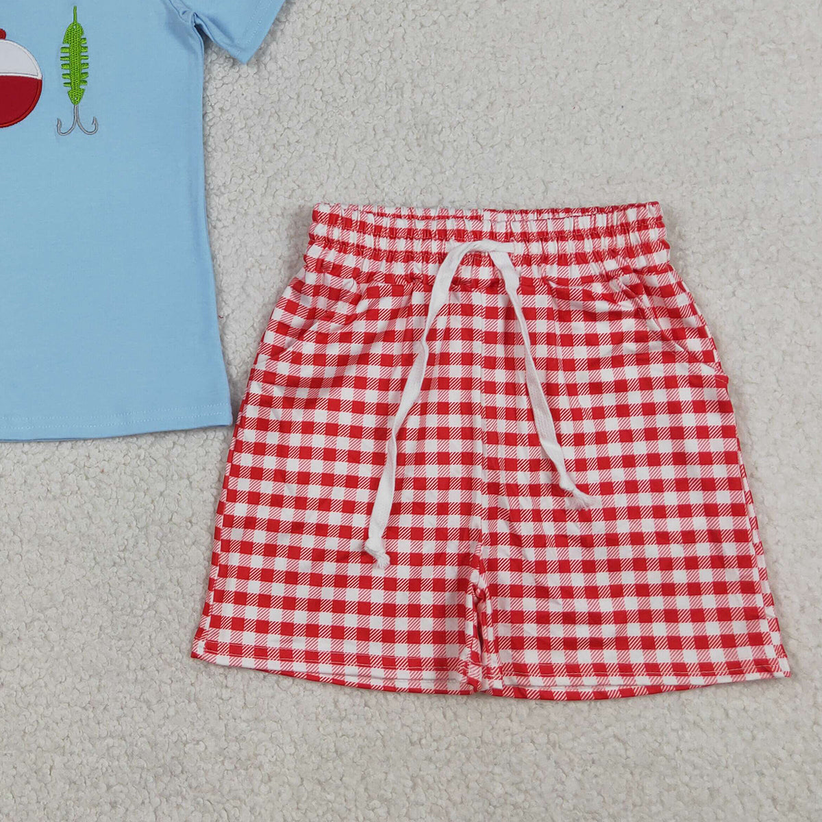 RTS NO MOQ BSSO1699 Embroidery Fishing Baby Boys Outfit with Checked Pockets Shorts Hunting Clothing Set